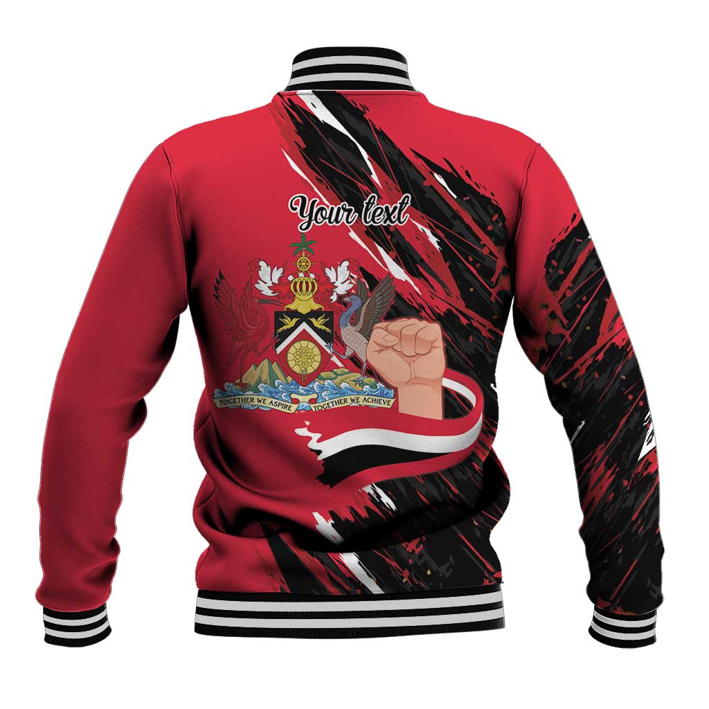 Red baseball jacket back with crest and 'Your text', black slash graphics, striped collar/cuffs