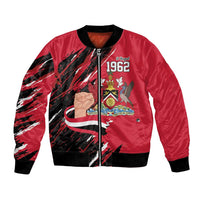 Red satin bomber jacket with black graphic print, front zipper, ribbed cuffs and hem.