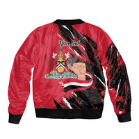 Red bomber jacket back with black-and-white graphic, ribbed collar, cuffs, and hem.