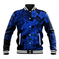 Blue baseball jacket with black sleeves, button front, blue hibiscus and shark tattoo print