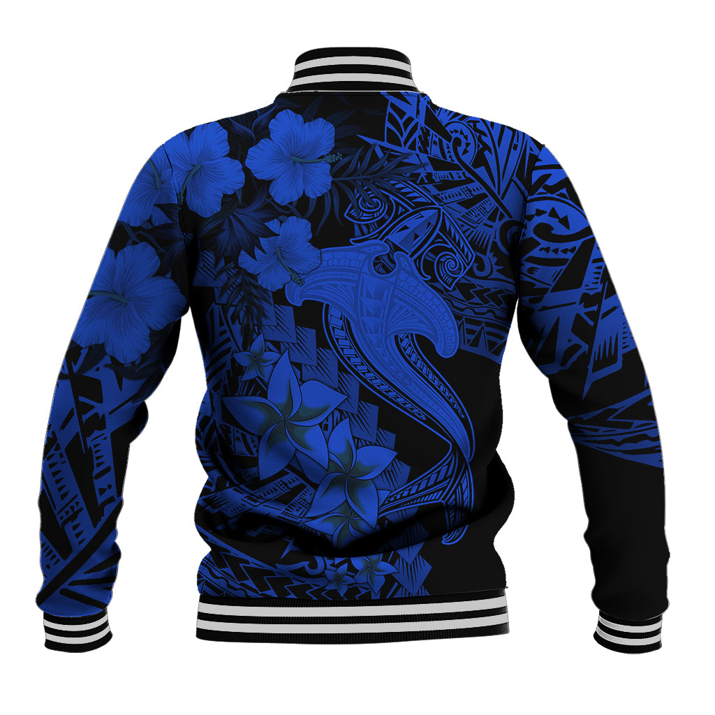 Blue and black baseball jacket back with hibiscus flowers and tribal shark tattoo graphic