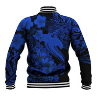 Blue and black baseball jacket back with hibiscus flowers and tribal shark tattoo graphic