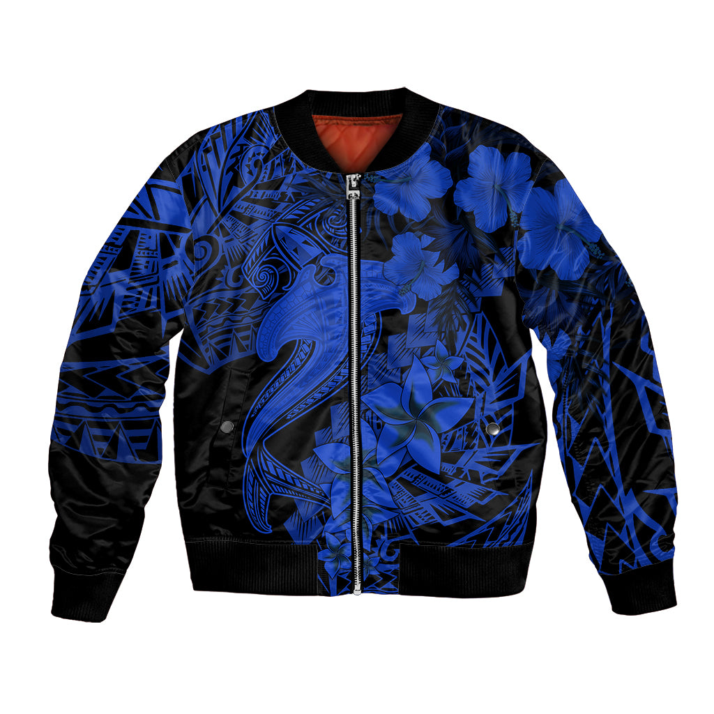 Blue and black bomber jacket with full-zip front and large shark tattoo graphic
