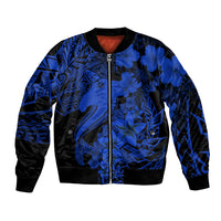 Blue and black bomber jacket with full-zip front and large shark tattoo graphic