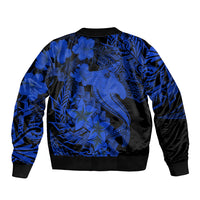 Blue and black bomber jacket with back shark tattoo and floral island pattern