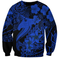 Unisex sweatshirt, blue hammerhead shark with hibiscus Polynesian tattoo all-over print