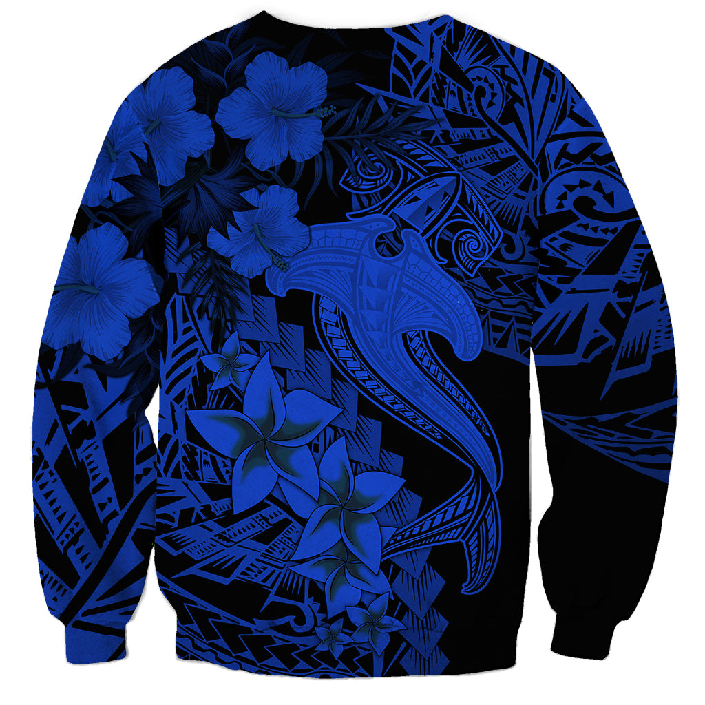 Unisex sweatshirt with centered blue hammerhead shark and hibiscus on dark graphic print