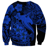 Unisex sweatshirt with centered blue hammerhead shark and hibiscus on dark graphic print