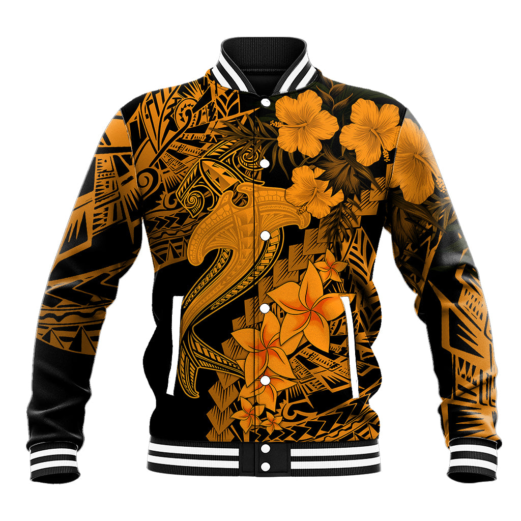 Gold and black baseball jacket with hibiscus and tribal tattoo-style prints, button front