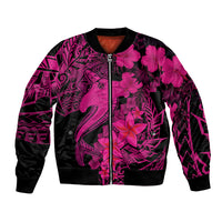 Unisex bomber jacket in pink and black with zip front and floral tattoo print