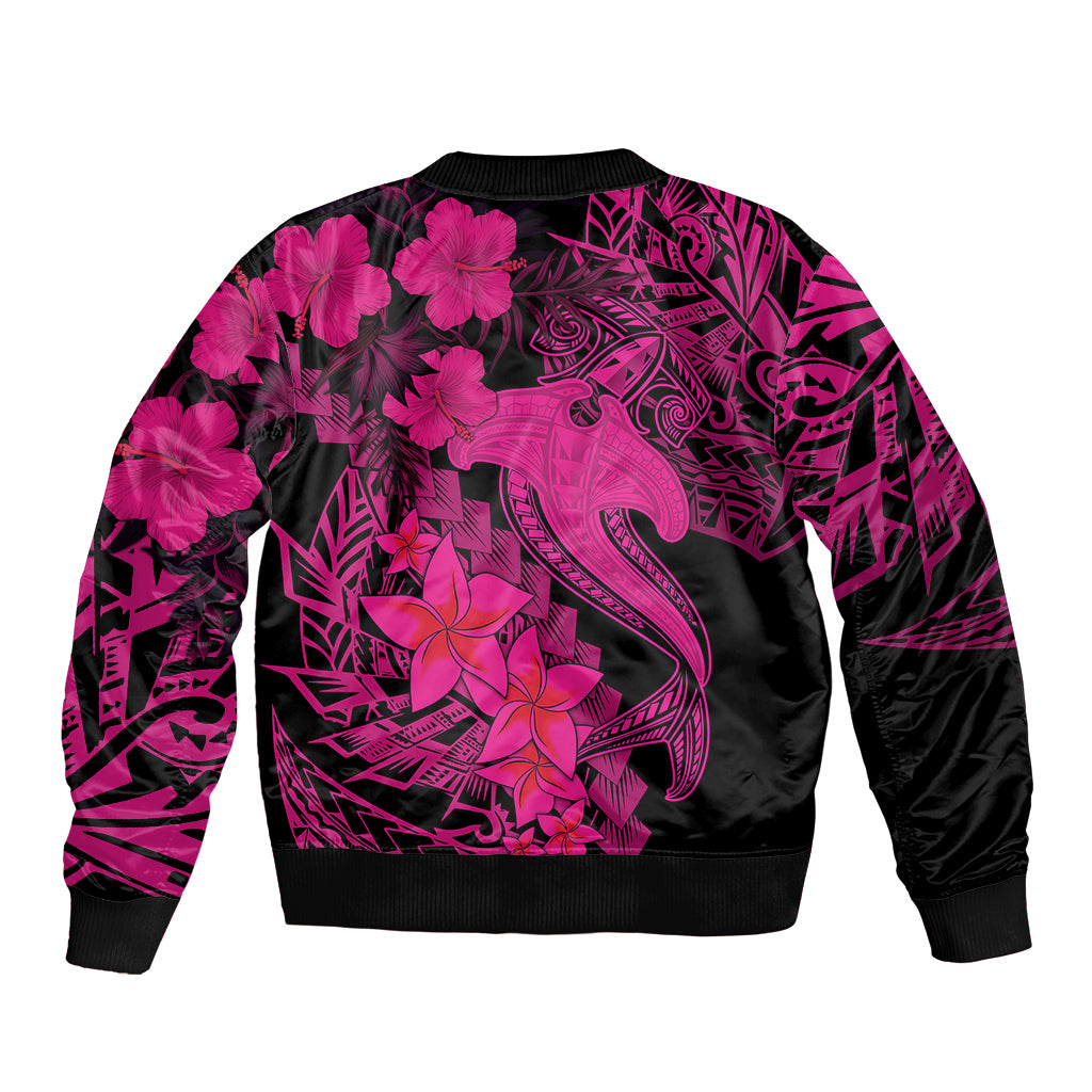 Unisex bomber jacket back view with pink hibiscus and tribal shark graphic, black hem