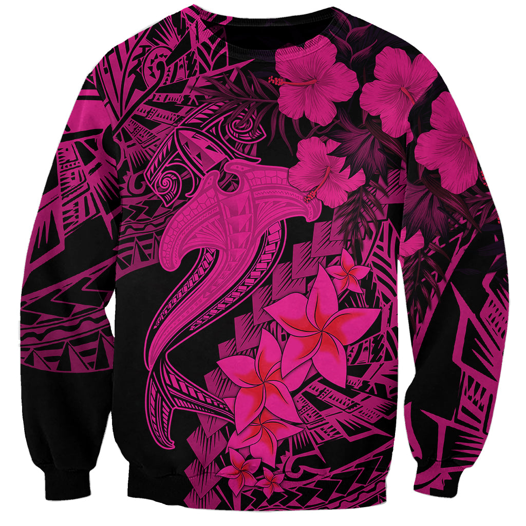 Unisex crewneck sweatshirt with pink hibiscus and tribal shark tattoo graphic on front