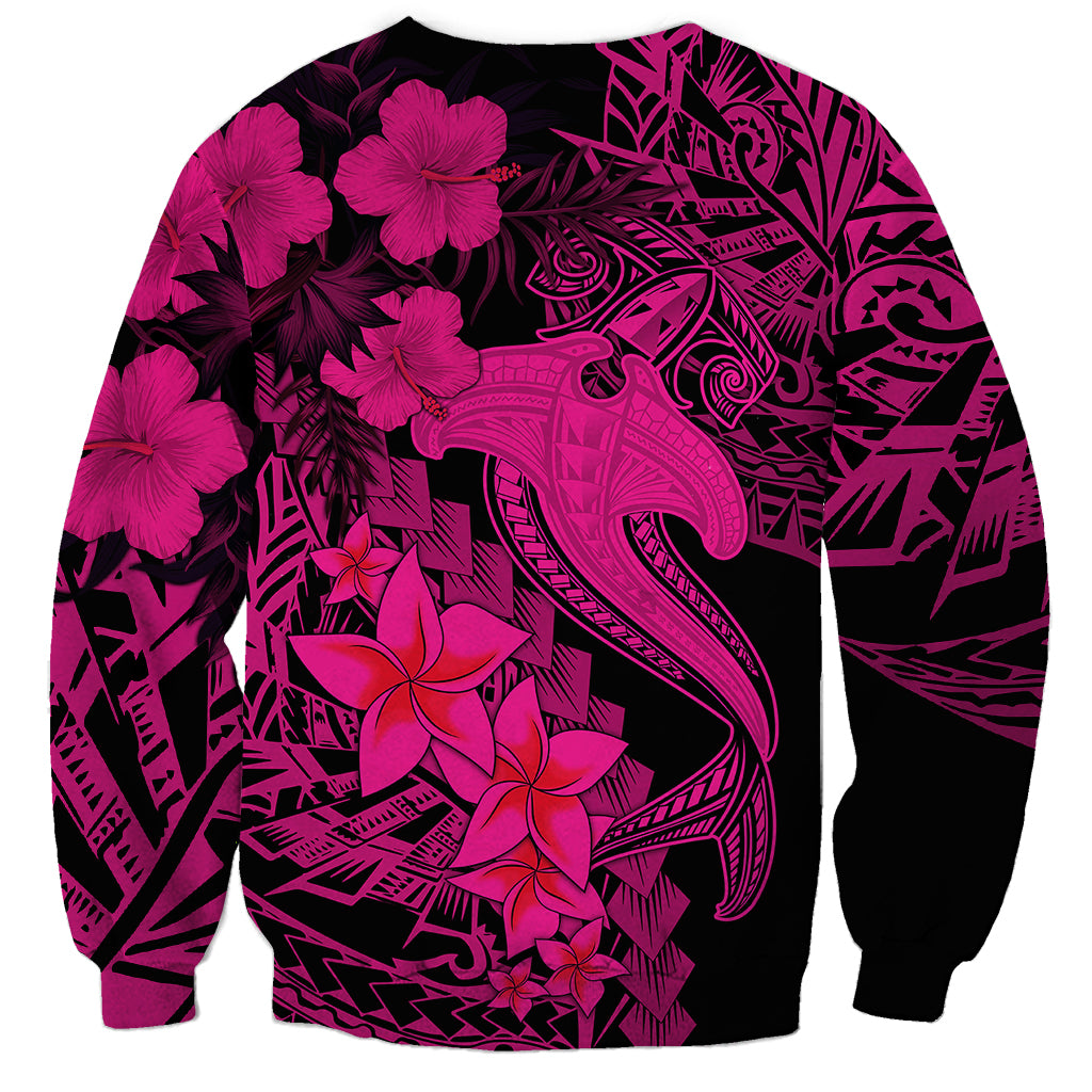 Unisex crewneck sweatshirt with pink hibiscus and tribal shark tattoo graphic on back