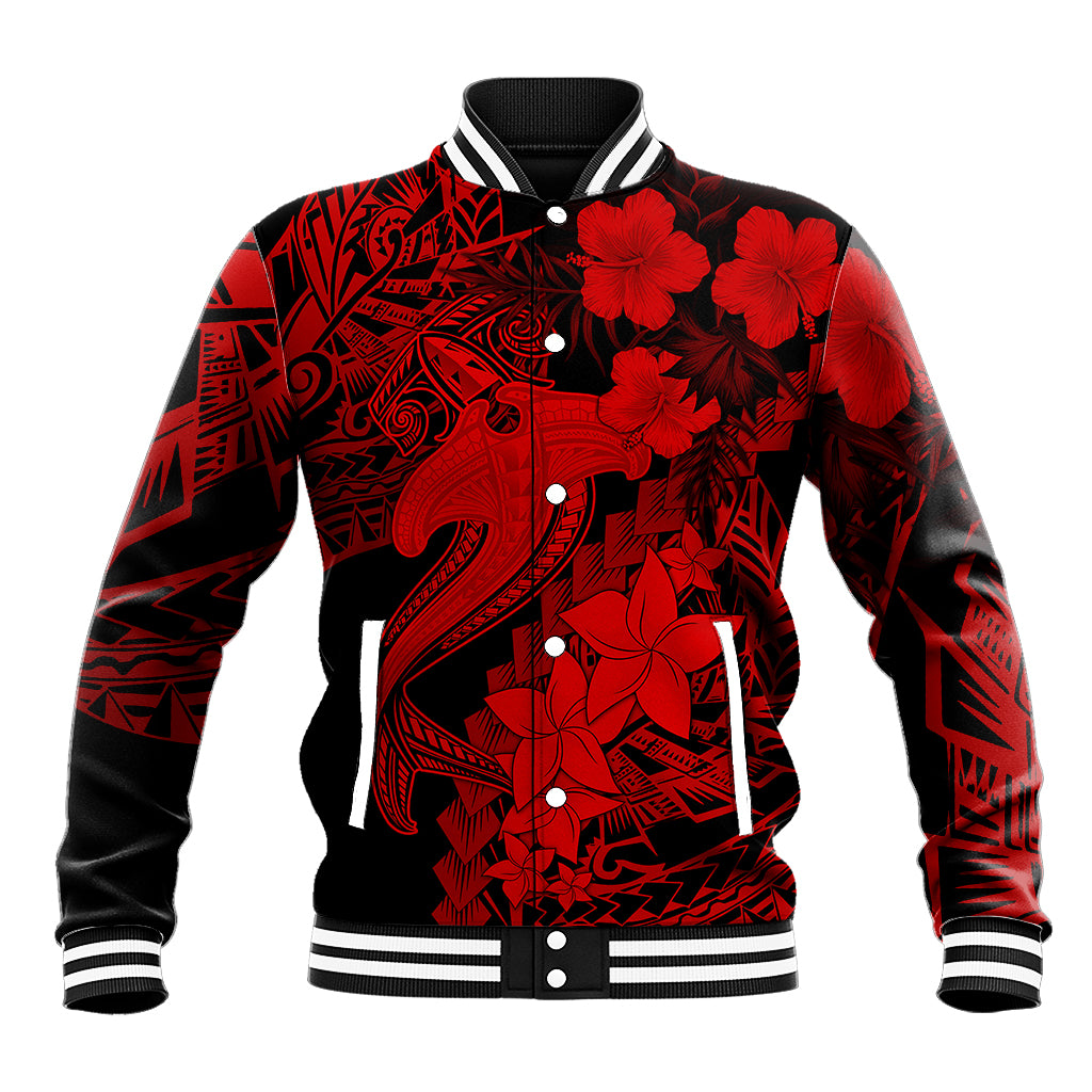 Red/black baseball jacket with polynesian shark and hibiscus tattoo graphics, snap front