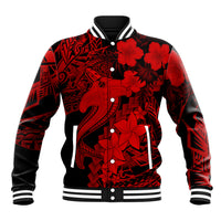 Red/black baseball jacket with polynesian shark and hibiscus tattoo graphics, snap front