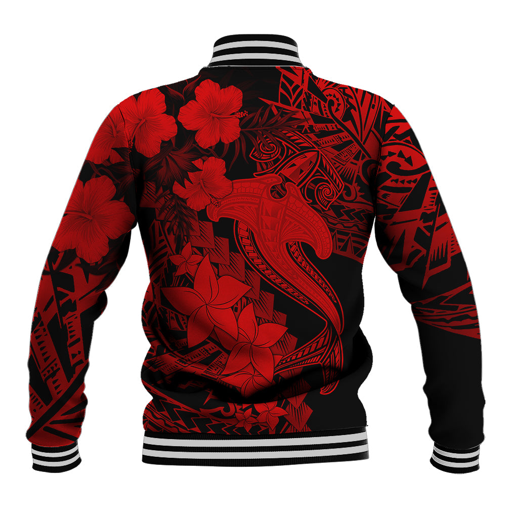 Red/black baseball jacket with polynesian-style shark and floral tattoo graphics, ribbed collar