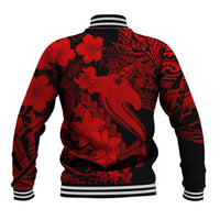 Red/black baseball jacket with polynesian-style shark and floral tattoo graphics, ribbed collar
