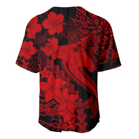 Red and black baseball jersey, allover hibiscus and tribal tattoo graphic, short sleeves