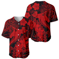 Red and black baseball jersey with button placket, hibiscus and Polynesian tattoo print