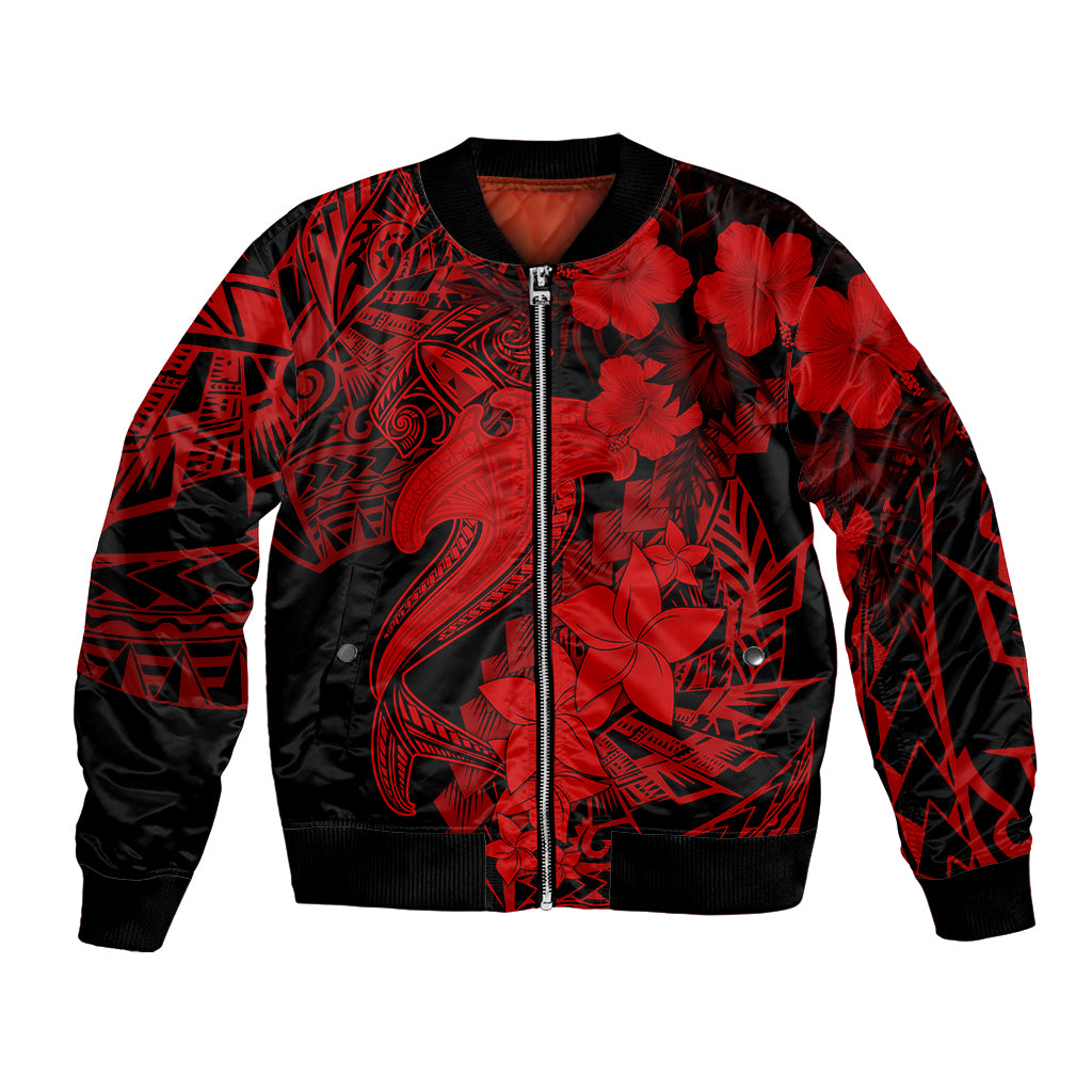 Red/black bomber jacket with zip front, ribbed cuffs, shark and floral tattoo print