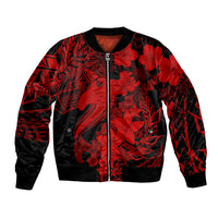 Red/black bomber jacket with zip front, ribbed cuffs, shark and floral tattoo print