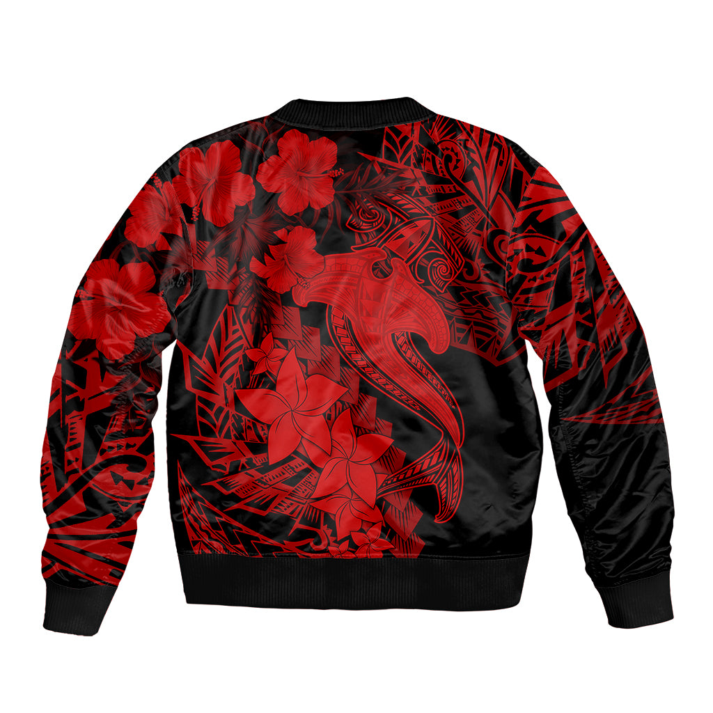 Black and red bomber jacket with ribbed hem and large back shark tattoo graphic