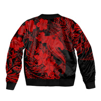 Black and red bomber jacket with ribbed hem and large back shark tattoo graphic