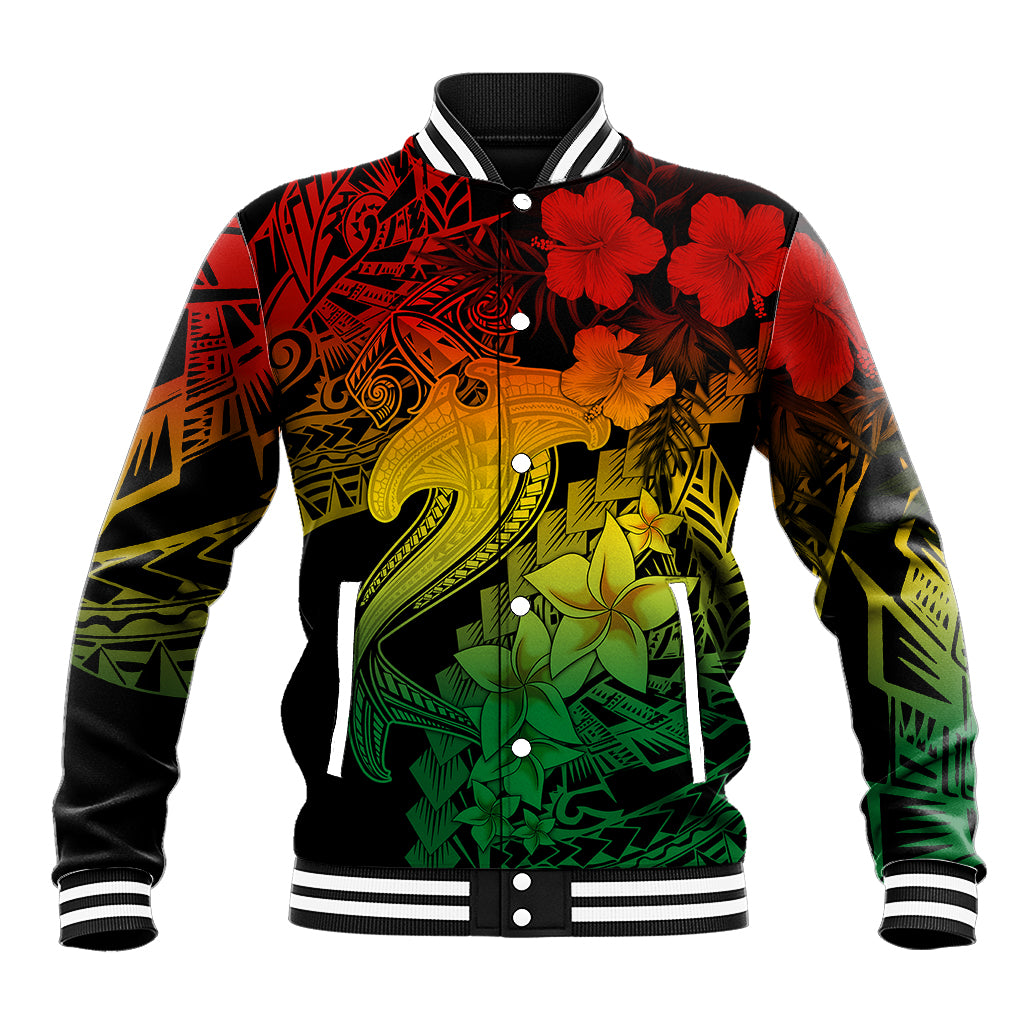 Unisex baseball jacket with rainbow tribal shark tattoo print, black snap front