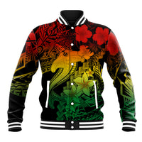Unisex baseball jacket with rainbow tribal shark tattoo print, black snap front