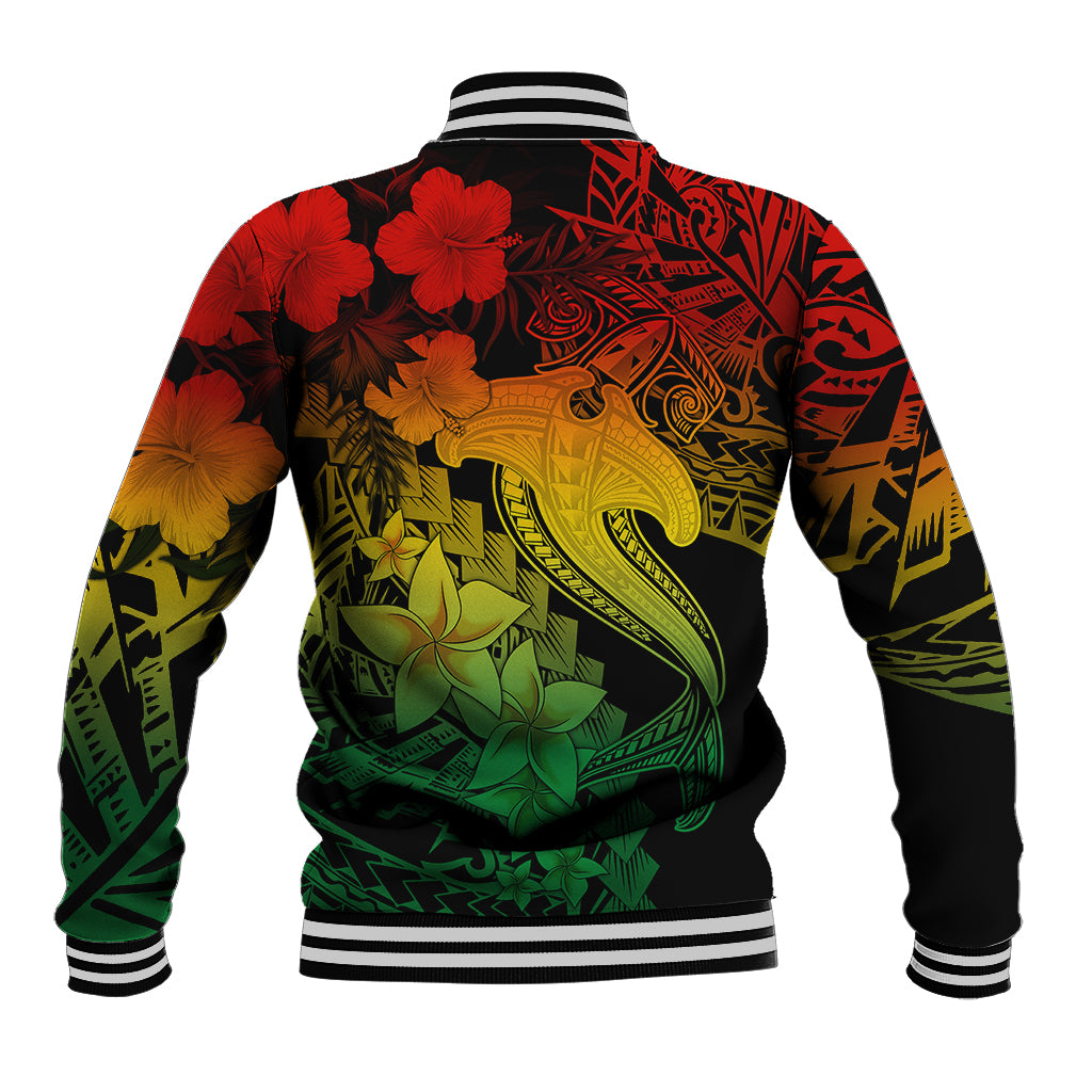 Unisex baseball jacket back with rainbow floral and tribal shark tattoo graphic, striped cuffs