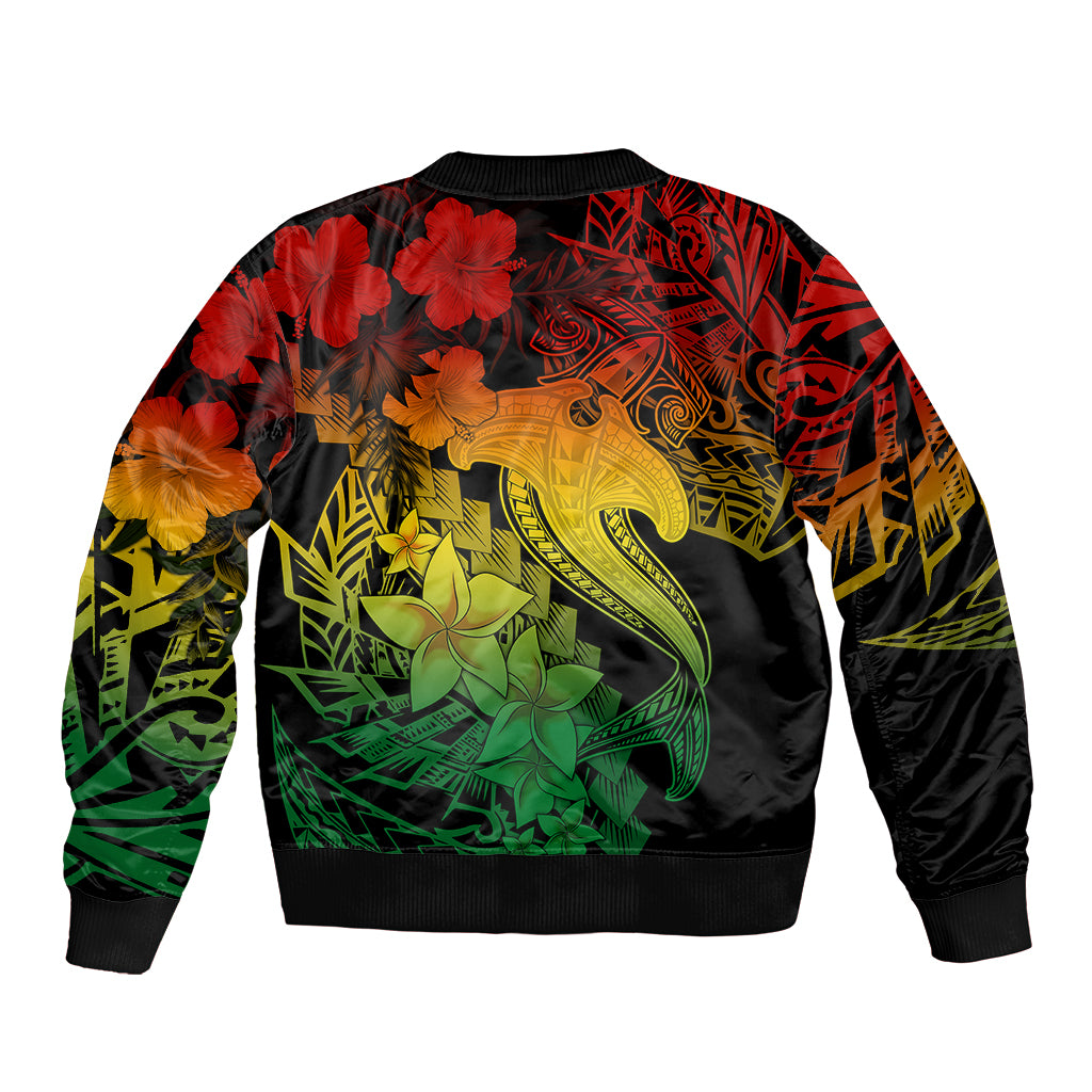 Unisex bomber jacket with colorful Polynesian tattoo graphic and ribbed hem back view