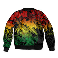 Unisex bomber jacket with colorful Polynesian tattoo graphic and ribbed hem back view