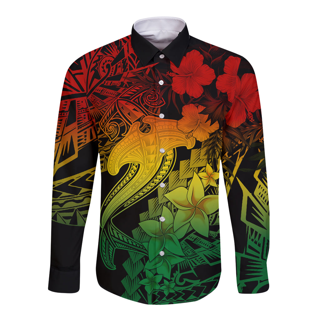 Unisex long-sleeve button shirt with colorful tropical tattoo graphic, dark base