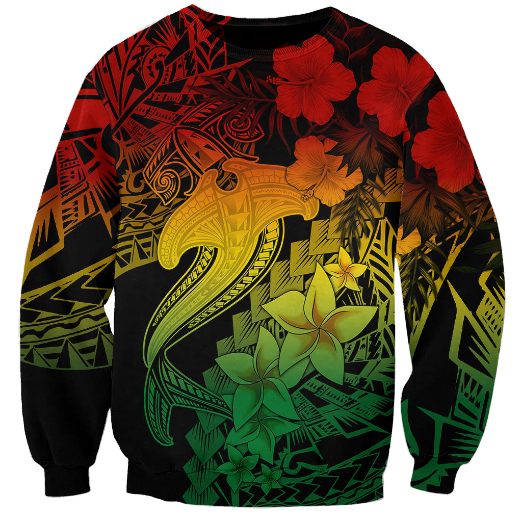 Unisex sweatshirt with multicolor shark tattoo and red hibiscus flowers on dark base