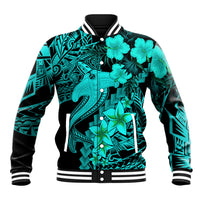 Turquoise baseball jacket with black sleeves, shark and tropical floral front, striped rib collar