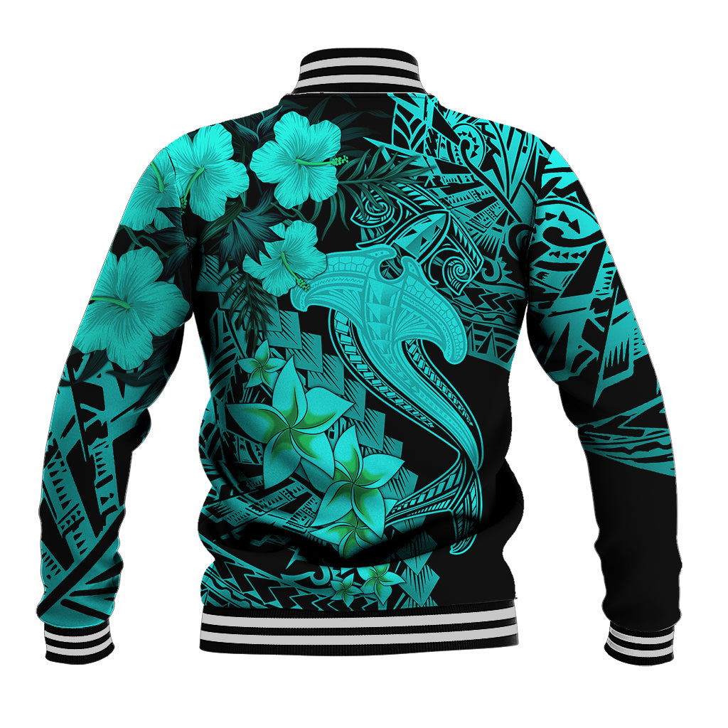Turquoise baseball jacket with black back, shark graphic and flowers, striped rib cuffs
