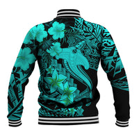Turquoise baseball jacket with black back, shark graphic and flowers, striped rib cuffs