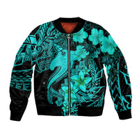 Unisex bomber jacket with turquoise hibiscus and tribal tattoo print, front zip.