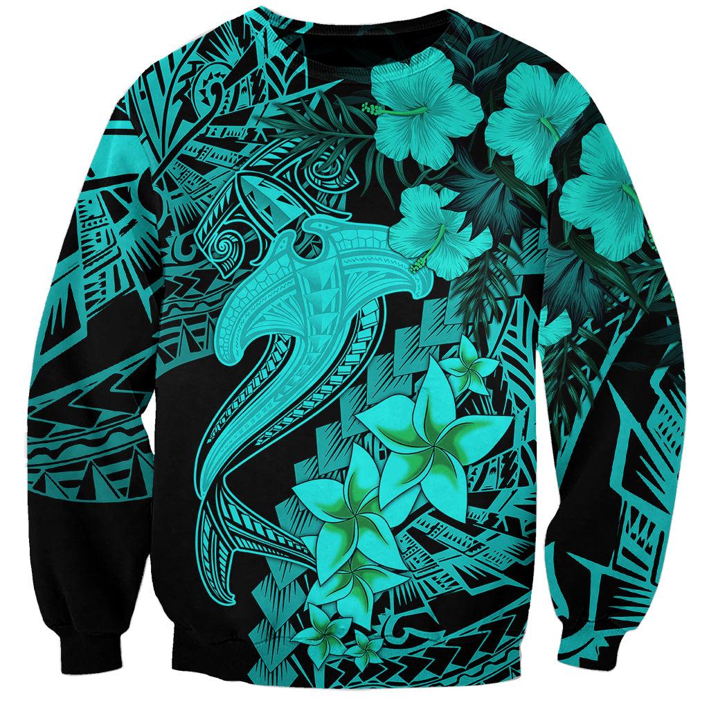 Turquoise unisex sweatshirt with black tribal shark tattoo and hibiscus flowers