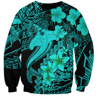 Turquoise unisex sweatshirt with black tribal shark tattoo and hibiscus flowers