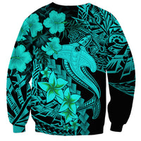 Turquoise unisex sweatshirt with tribal pattern, shark tattoo, and hibiscus flowers