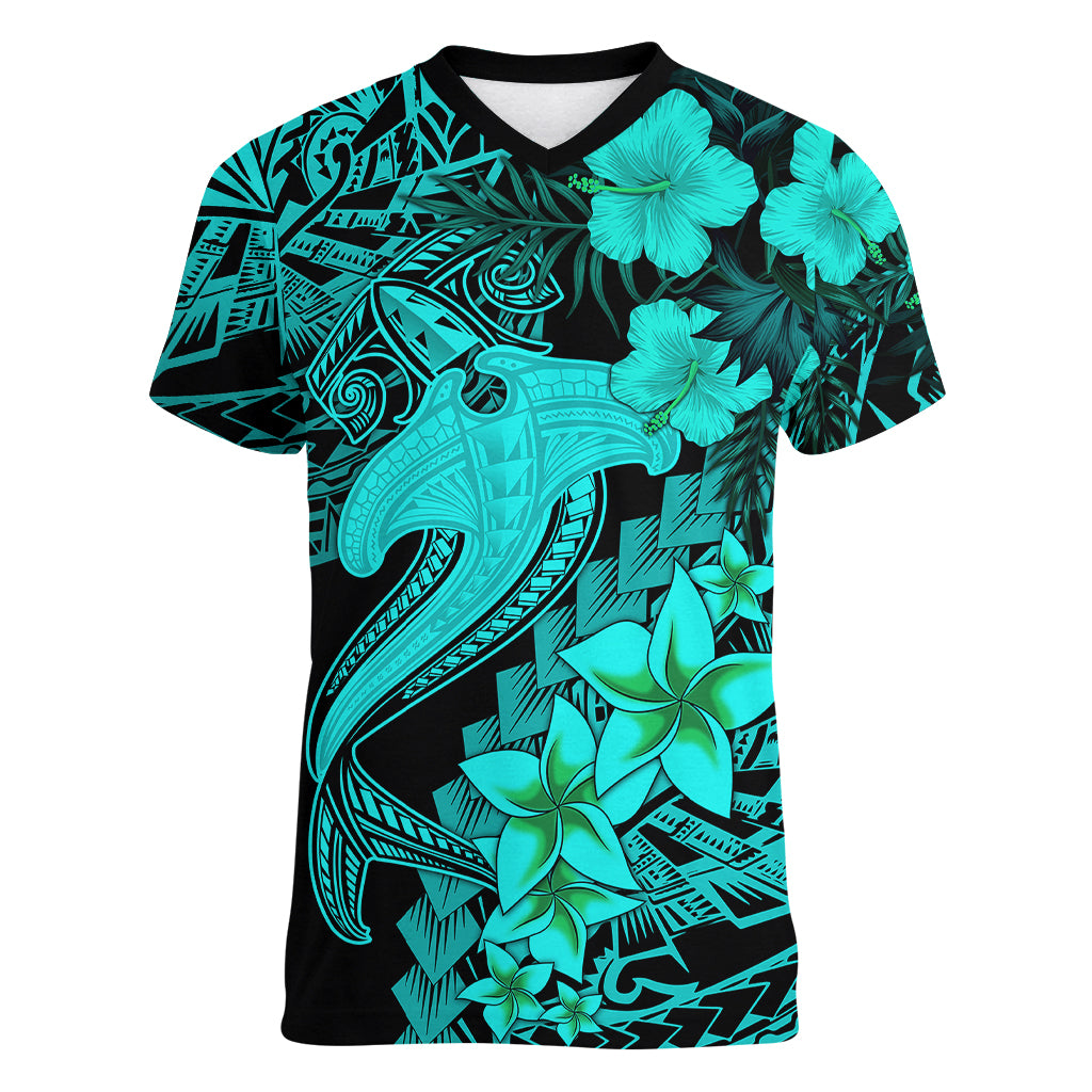 aloha-hawaii-women-v-neck-t-shirt-hammerhead-shark-tattoo-polynesian-summer-turquoise