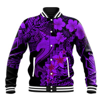 Violet and black baseball jacket with shark and floral Polynesian graphic