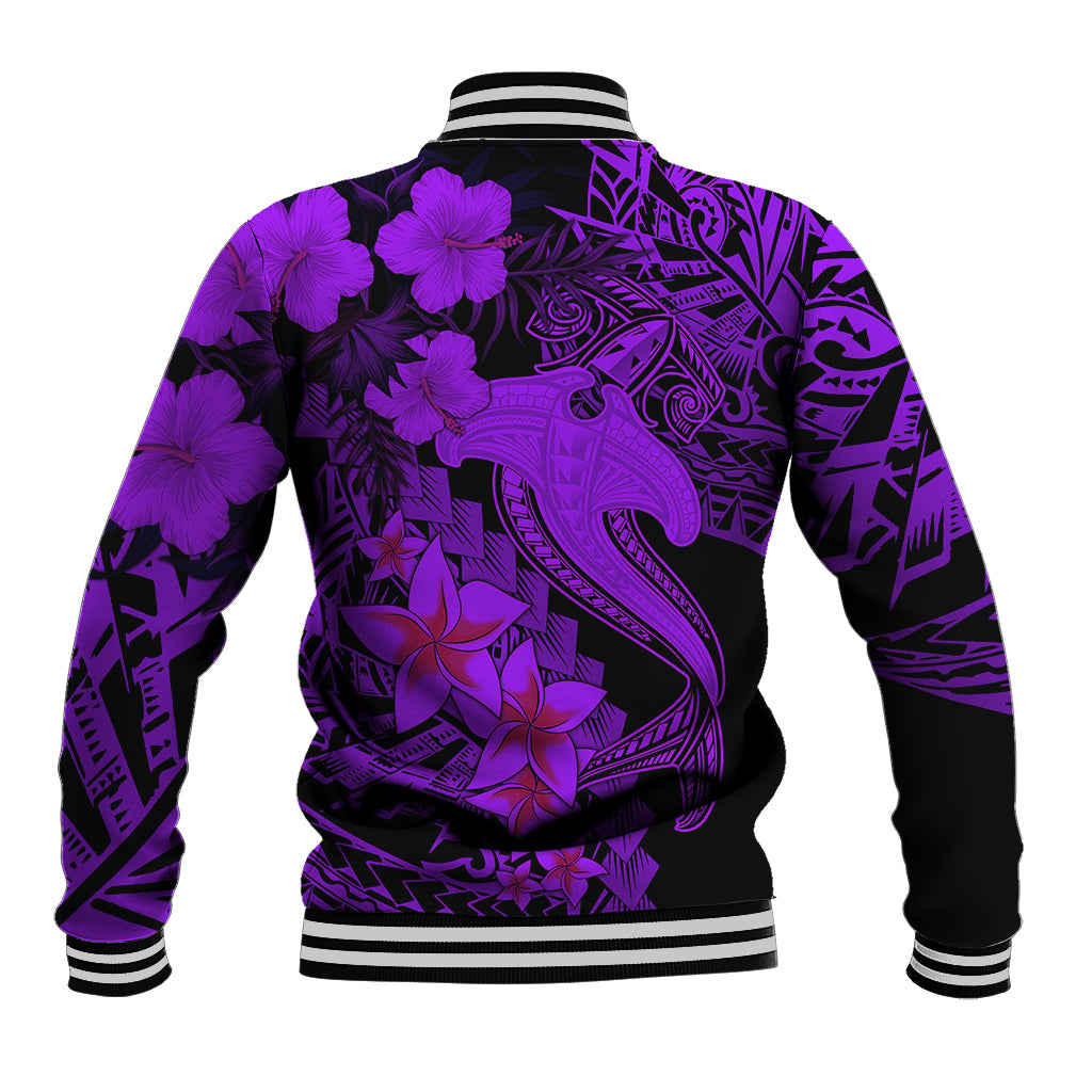 Violet and black back baseball jacket with large shark, flowers, and patterns