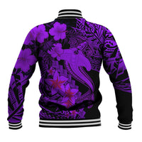 Violet and black back baseball jacket with large shark, flowers, and patterns