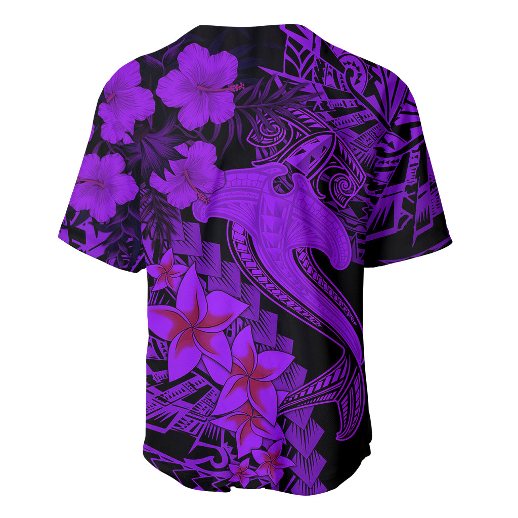 Back of violet baseball jersey with hibiscus and tribal tattoo-style graphics