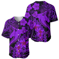 Violet baseball jersey with black tribal art, hibiscus print, open collar buttons