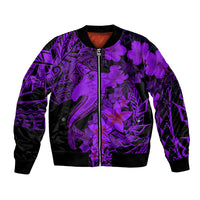 Violet bomber jacket with zip-front, purple hibiscus and shark graphic, black ribbed cuffs