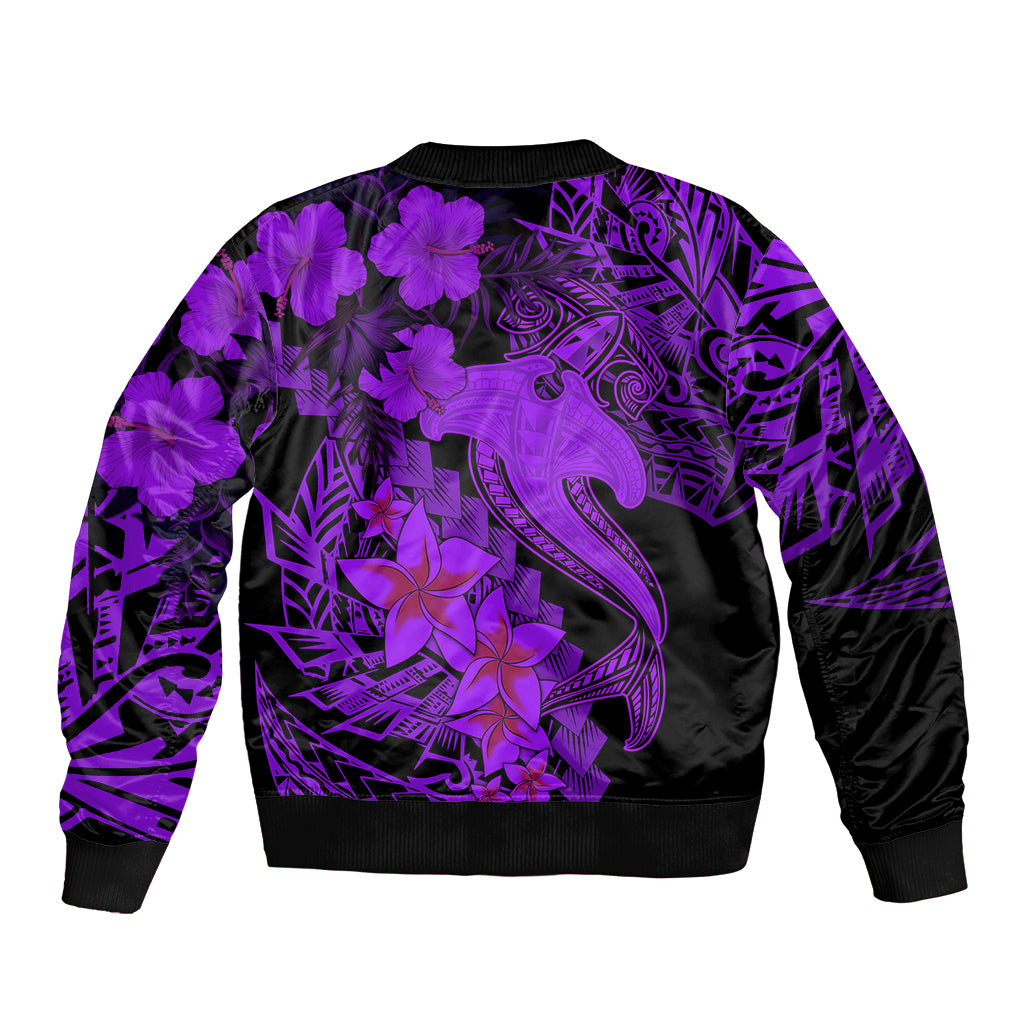 Violet bomber jacket back with purple floral pattern, shark tattoo graphic, ribbed hem and cuffs