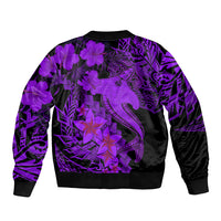 Violet bomber jacket back with purple floral pattern, shark tattoo graphic, ribbed hem and cuffs